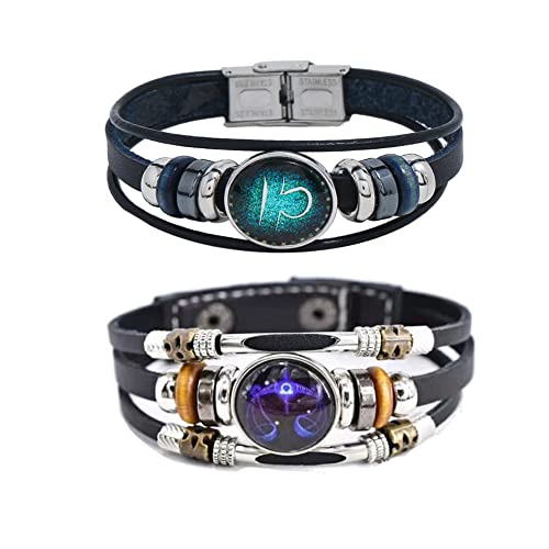 2Pcs Multilayer Constellation Zodiac Leather Bracelet Handmade Woven Zodiac Sign Wrap Bracelet Wristband for Women Men Jewelry Birthday Gift - color: J:Libra(9/23 - 10/22)