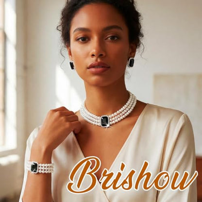 Brishow Pearl Necklace Jewelry Set Wedding Pearls Earrings Necklaces Set Bridal Crystal Bracelet Jewelry for Women (Pack of 3) - color: Black, size: 3 Layered