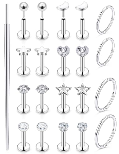 20G 18G 16G Threadless Lip Labret Medusa Monroe Nose Piercing Jewelry Surgical Steel Snake Bites Lip Rings Flat Back Push in Cartilage Tragus Helix Conch Earring Stud 6mm 8mm 10mm Bars - color: Silver-18G（1.0mm) - Bars:6mm - Hinged Clicker Rings:8mm 10mm