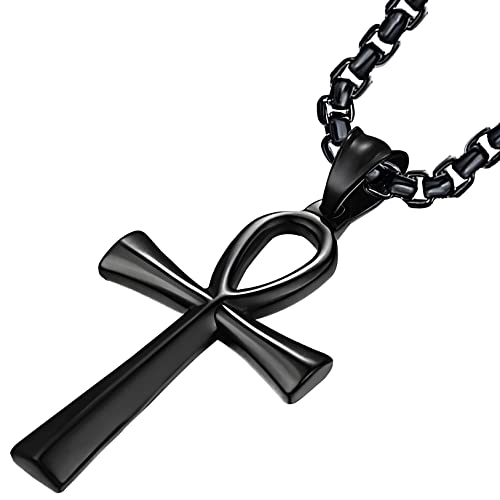 JUNOVUROS 18 to 28 Inches Rolo Chain Ancient Ankh Cross Pendant Necklace for Men Women Boys Girls 316L Stainless Steel with Large And Medium Sizes - color: E-Black/Size: 1.77 '' * 0.98 ", style: 18 Inches