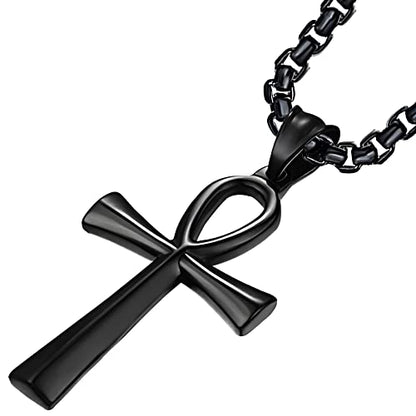 JUNOVUROS 18 to 28 Inches Rolo Chain Ancient Ankh Cross Pendant Necklace for Men Women Boys Girls 316L Stainless Steel with Large And Medium Sizes - color: E-Black/Size: 1.77 '' * 0.98 ", style: 20 Inches