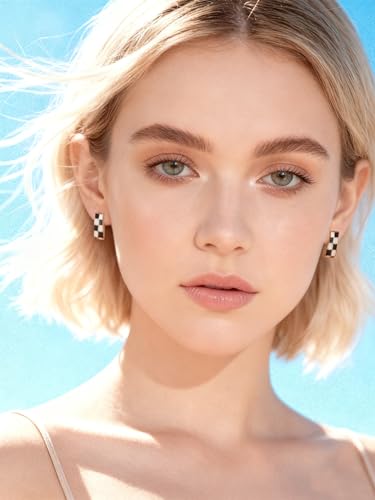 FAN&LOUIS 24K Gold Plated Hoop Clip On Earrings for Women, Black and White Checkered Trendy Hypoallergenic Non Pierced Earrings Painless Lightweight Small Hoop Clip-On Earrings