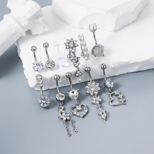 14G Dangle Belly Button Ring Piercing Jewelry 316L Stainless Surgical Steel Heart Flower CZ Reverse Navel Rings Dangling Belly Button Ring Piercing Jewelry for Women 14 Gauge Hypoallergenic - style: 12Pcs Silver