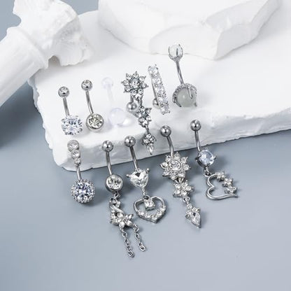 14G Dangle Belly Button Ring Piercing Jewelry 316L Stainless Surgical Steel Heart Flower CZ Reverse Navel Rings Dangling Belly Button Ring Piercing Jewelry for Women 14 Gauge Hypoallergenic - style: 12Pcs Silver