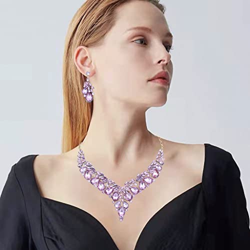 Jewelry Set for Women, Statement Necklace Dangle Earrings Bracelet Ring, White/KC Gold Plated Jewelry Set with Rhinestone Pearl Crystal Wedding Party Jewelry for Bridal Bridesmaid - color: Purple-Gold Plated