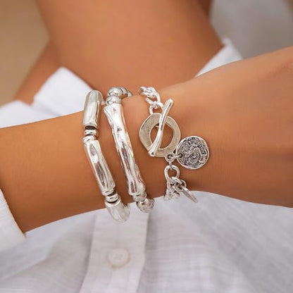 Jumwrit 3pcs Boho Layered Beaded Bracelets Set for Women Dainty Stretch Elastic Round Ball Beads Tube Chunky Chain Bracelets Stackable Silver Toggle Cuban Link Bracelets Trendy Jewelry