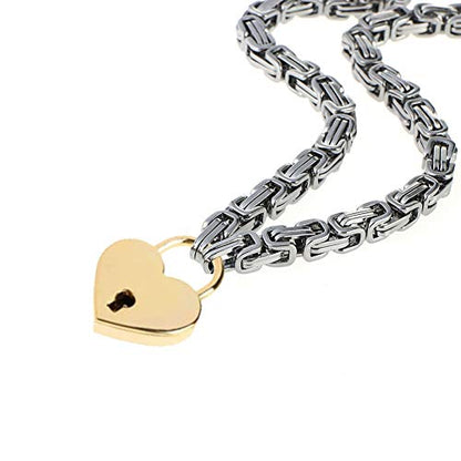 Heart Padlock Collar Stainless Steel Lock Necklace Byzantine Chain Necklace Locking Collar Choker for Men Women Jewelry - style: E