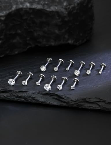 16G Internal Thread Flat Back Earrings Nose Studs 316L Surgical Steel Medusa Labret Monroe Lip Ring Tragus Forward Helix Conch Cartilage Lobe Earrings Stud Piercing Jewelry For Women Men - color: Silver-Clear CZ