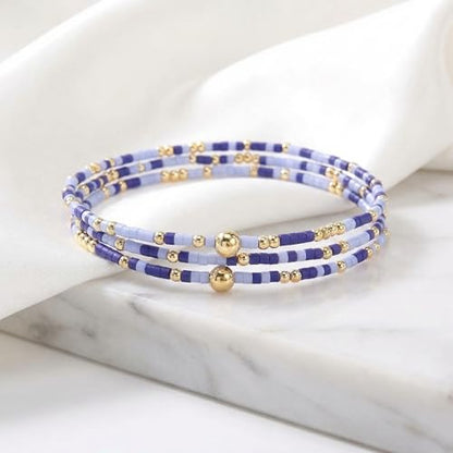Dainty Gold Plated Tiny Ball Colorful Beaded Stack Bracelets Sets for Women,3Pcs Stackable Cute Bracelet Stretch Trendy Ball Jewelry Friendship Gift - color: blue