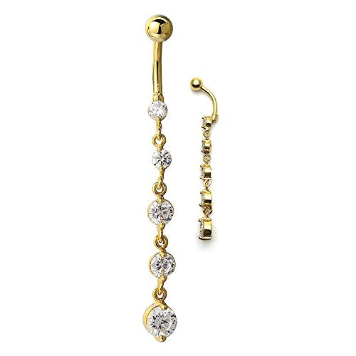 COOLSTEELANDBEYOND Belly Chain Belly Button Ring Body Jewelry Piercing Navel Ring with Long Dangle Cubic Zirconia - color: B-Metal Color:18K Gold-Plated; Stone Color:White
