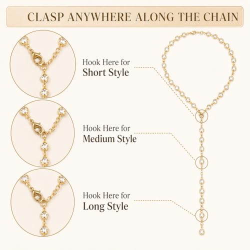Frodete Gold Lariat Necklace for Women Long Gold Drop Necklace with Clear Beads Adjustable Y Necklace for Dresses Party Vacation - color: A1:gold long necklace