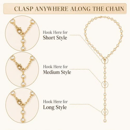 Frodete Gold Lariat Necklace for Women Long Gold Drop Necklace with Clear Beads Adjustable Y Necklace for Dresses Party Vacation - color: A1:gold long necklace
