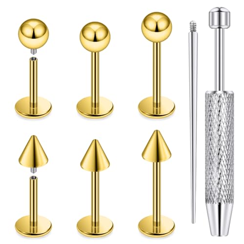 Internally Threaded Labret Studs 18G 16G 14G Surgical Steel Lip Piercing Jewelry with Claw Tool Monroe Snake Bite Jewelry Flat Back Barbell for Women Men Plus Piercing Ball Grabber Tool - color: goldtone, size: 18g,ball+spike end