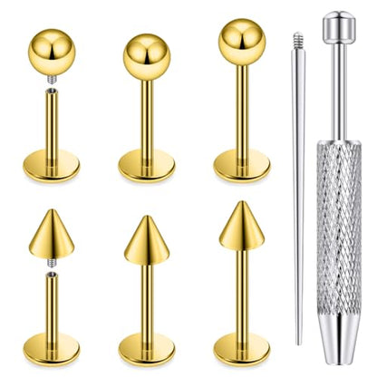 Internally Threaded Labret Studs 18G 16G 14G Surgical Steel Lip Piercing Jewelry with Claw Tool Monroe Snake Bite Jewelry Flat Back Barbell for Women Men Plus Piercing Ball Grabber Tool - color: goldtone, size: 18g,ball+spike end