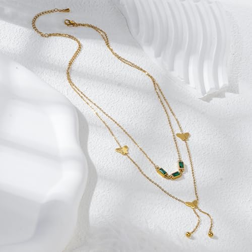 Emerald Cut Y Shaped Necklace for Women 18K Gold Plated Double Layered Y Lariat Necklace Jewelry Gift - color: Style11-Green