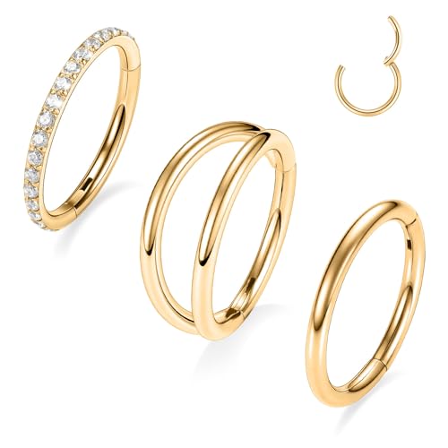 PEAKLINK 3pcs Double Nose Rings Double Nose Hoops 316L Surgical Steel Cartilage Earrings 20G/18G/16G Septum Rings Conch Piercing Helix Lip Rook Daith Tragus Pierxing Jewelry 6mm to 12mm - color: Gold