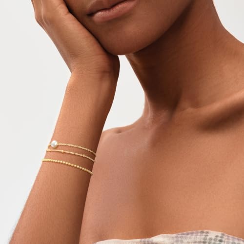 MEVECCO Dainty Chain Bracelets for Women, Layered and Charm Styles | 14K Gold Plated Brass, Select Cubic Zirconia Accents, Single and Multi-Row Structures for Refined Everyday Wristwear - style: 2 Layer 1 Pearl Satellite Chain