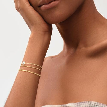 MEVECCO Dainty Chain Bracelets for Women, Layered and Charm Styles | 14K Gold Plated Brass, Select Cubic Zirconia Accents, Single and Multi-Row Structures for Refined Everyday Wristwear - style: 2 Layer 1 Pearl Satellite Chain