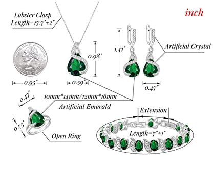 GZWHD Jewelry Set for Women Water Drop Cubic Zirconia Artificial Crystal Earrings Pendant Necklace Open Ring Tennis Bracelet Wedding Anniversary Birthday Engagement Gift for Bridesmaid Wife Girlfriend Friend - color: Green