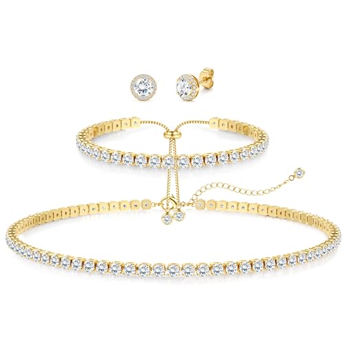 Jstyle 925 Sterling Silver Jewelry Set for Women - Dainty Tennis Necklace Bracelet Earrings Set Hypoallergenic Rhinestone Wedding Jewelry Sets for Brides Bridesmaids Crystal Prom Costume Accessories - color: Style C: 14K Gold Plated