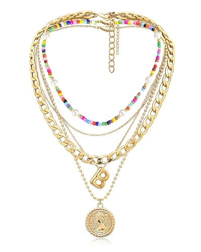 MJartoria Layered Necklaces for Women Trendy Balloon Initial Pendant Necklace Dainty Chunky Chain Beaded Choker Necklaces Jewelry Birthday Gifts - color: Gold, style: B