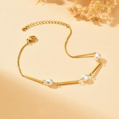 Anklets for Women, 18K Gold Plated Dainty Ankle Bracelets with Tennis, Pearl, Daisy, Lip, Snake Chain, Layered CZ Anklet Waterproof, Adjustable Boho Summer Beach Foot Jewelry - style: 3 Pearls