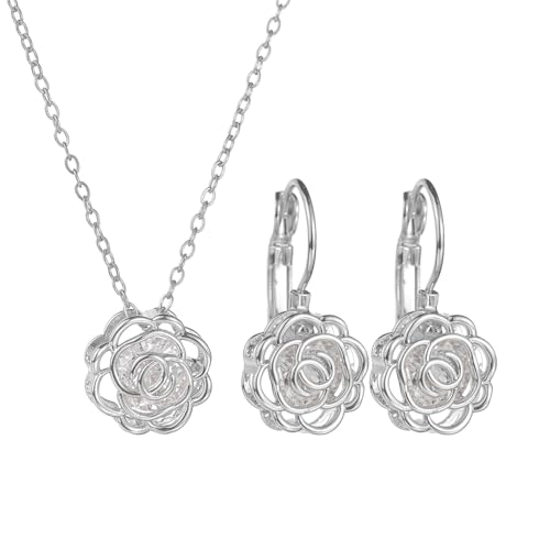 Rose Flower Jewelry Sets for Women Dainty Blooming Filigree Flower Austrian Crystal Choker Necklace Earring Set for Wedding Valentine Fashion Jewelry for Brides Bridesmai - color: Silver