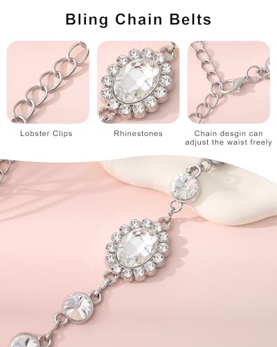WELROG Metal Waist Chain Belt for Women - Pearls Gold Silver Chain Belts for Dresses Jeans - color: Round Rhinestone(Sliver)