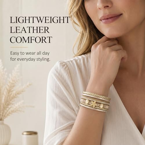 Edoneery Leather Wrap Bracelets for Women, Boho Layered Cuff Bangle | Multi-layer Leather Cuff, Daily wear, Stackable Bangle, Easy on-off, Western Jewelry Gifts for Women - color: Gold-1