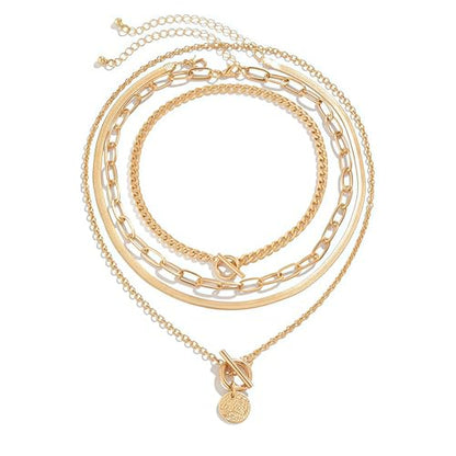 4 Pcs Chunky Gold Layered Necklaces for Women, Vintage Toggle Clasp Cuban & Paperclip Chain Stack, Herringbone Choker Coin Medallion Pendant Set, Trendy Mob Wife Jewelry