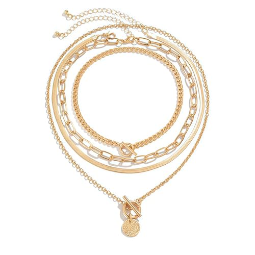 4 Pcs Chunky Gold Layered Necklaces for Women, Vintage Toggle Clasp Cuban & Paperclip Chain Stack, Herringbone Choker Coin Medallion Pendant Set, Trendy Mob Wife Jewelry