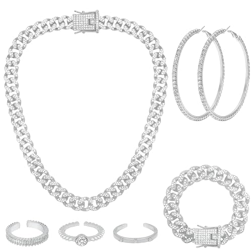 NEWITIN 7 Pieces Silver Jewelry Set for Women Dainty Cubic Zirconia Cuban Link Chain Necklace Bracelet Ring Sparkly Crystal Earrings Cuban Jewelry Set for Women Men - color: Silver 18 Inches
