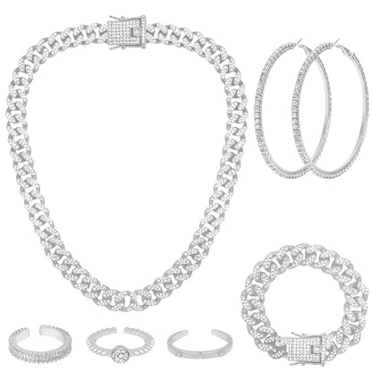 NEWITIN 7 Pieces Silver Jewelry Set for Women Dainty Cubic Zirconia Cuban Link Chain Necklace Bracelet Ring Sparkly Crystal Earrings Cuban Jewelry Set for Women Men - color: Silver 18 Inches