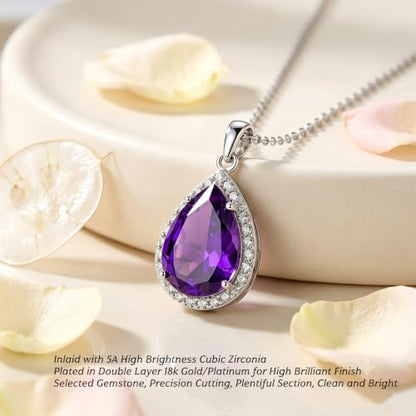 VONSSY Classic Oval Pendant Gemstone Necklace | Crystal Ruby Sapphire Waterdrop Birthstone Teardrop Emerald Necklace | 18K Platinum Gold Plated Chain | Jewelry Gift for Mother Wife Girlfriend - color: NL-Purple-Platinunm