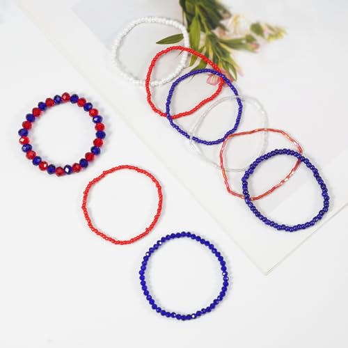 Ardorchid Halloween Bracelets for Women Pumpkin Ghost Steleton Bat Skull Beaded Stackable Stretchy Bracelet Rugby Thanksgiving Christmas Heishi Bracelets - color: Red White and Blue Bracelet