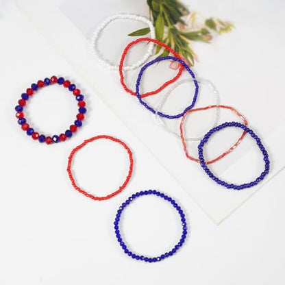 Ardorchid Halloween Bracelets for Women Pumpkin Ghost Steleton Bat Skull Beaded Stackable Stretchy Bracelet Rugby Thanksgiving Christmas Heishi Bracelets - color: Red White and Blue Bracelet
