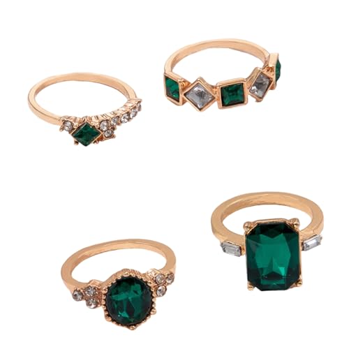 14K Gold Plated Stackable Rings Set for Women, Green Crystal Rhinestone Statement Rings, Vintage Knuckle Rings for Daily Party Wedding Prom Fashion Jewelry Gift - color: Green
