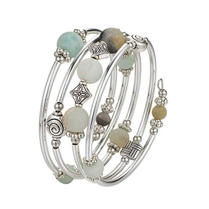 Beaded Pearl Bangle Wrap Bracelet - Fashion Bohemian Jewelry Multilayer Charm Bracelet with Thick Silver Metal Beads, Gift For Women - color: Green