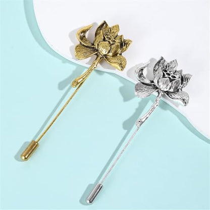 Dreuyet Simple Gold Silver Plated Long Brooch Pins with Cute Animal Antlers Leaves Plant Bees Rabbits Rose Flower Feather Brooch Jewelry for Women Men Elegant Suit Collar Lapel Pin - style: Lotus