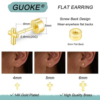 3 Pair Tiny Flat Back Earrings for Women - 14K Gold/White Gold Plated Dainty Cute Small Screw Flatback Stud Earring, Everyday Wear Gift - color: Cross Flat-4/5/6mm Gold