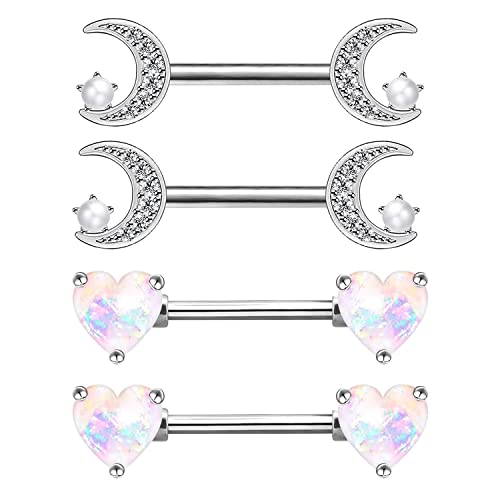 2PCS 14G Nipple Bars 316L Stainless Steel Nipple Barbell Ring Clear CZ Heart Nipple Rings Nipple Piercings Jewelry for Women - color: silver mix