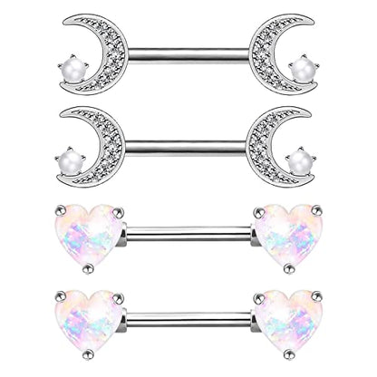 2PCS 14G Nipple Bars 316L Stainless Steel Nipple Barbell Ring Clear CZ Heart Nipple Rings Nipple Piercings Jewelry for Women - color: silver mix