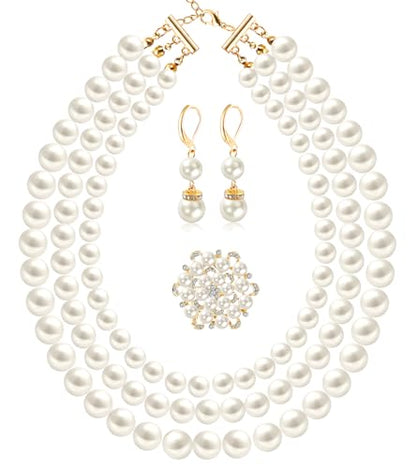 Pearl Jewelry Set for Women Faux Pearl Costume Jewelry Set with Necklace, Bracelets, Ring, Earrings for Wedding Bridal Birthday Tea Party - color: 3Pcs White