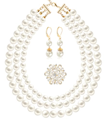 Pearl Jewelry Set for Women Faux Pearl Costume Jewelry Set with Necklace, Bracelets, Ring, Earrings for Wedding Bridal Birthday Tea Party - color: 3Pcs White