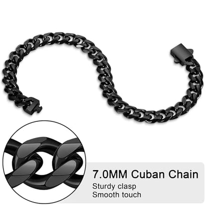 Fiusem Cuban link Mens Bracelet | 5mm/7mm/8mm Width, 7.1"/7.5"/7.9" Length Stainless Steel Bracelets for Men - color: 7mm width-black, size: 7.1 inches