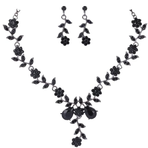 Kamirola Women's Wedding Jewelry Leaf Cluster Flower Crystal Dangle Earrings Pendant Necklace Set for BridalCrystal Bridal Jewelry Set - color: Black