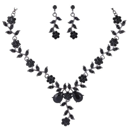 Kamirola Women's Wedding Jewelry Leaf Cluster Flower Crystal Dangle Earrings Pendant Necklace Set for BridalCrystal Bridal Jewelry Set - color: Black