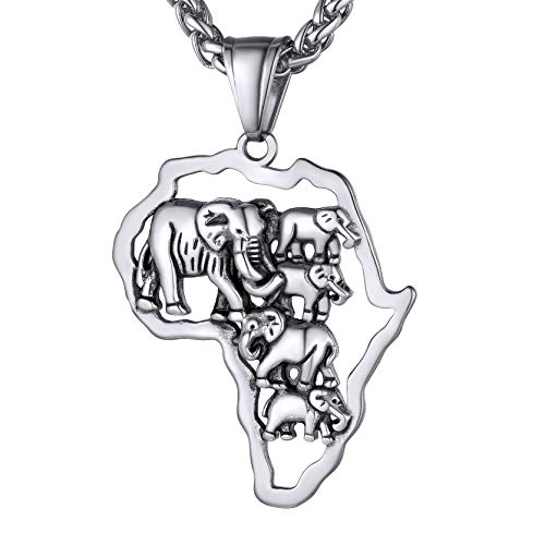 GOLDCHIC JEWELRY Africa Map Necklace for Men, Stainless Steel African Tribal/Egyptian Eye of Horus/I LOVE AFRICA/Elephant Map Hiphop Jewelry Unisex with 22'+2'Adjustable Chain - color: Elephant - Stainless Steel, style: No Customization