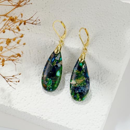 Natural Healing Teardrop Stone Leverback Dangle Drop Earrings Statement Gold earrings - color: Blue -Gold