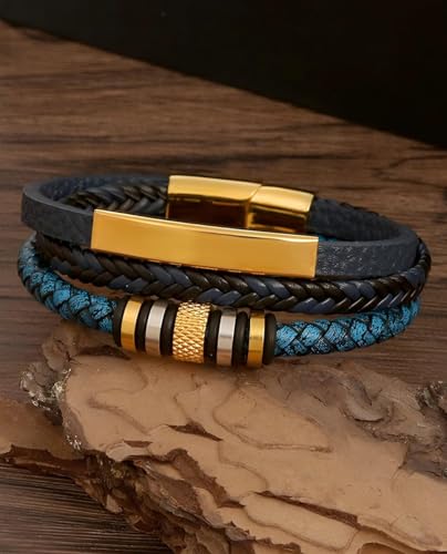 Italian Handmade Leather Bracelets for Men - color: Braided Gold Blue, size: 8.2"